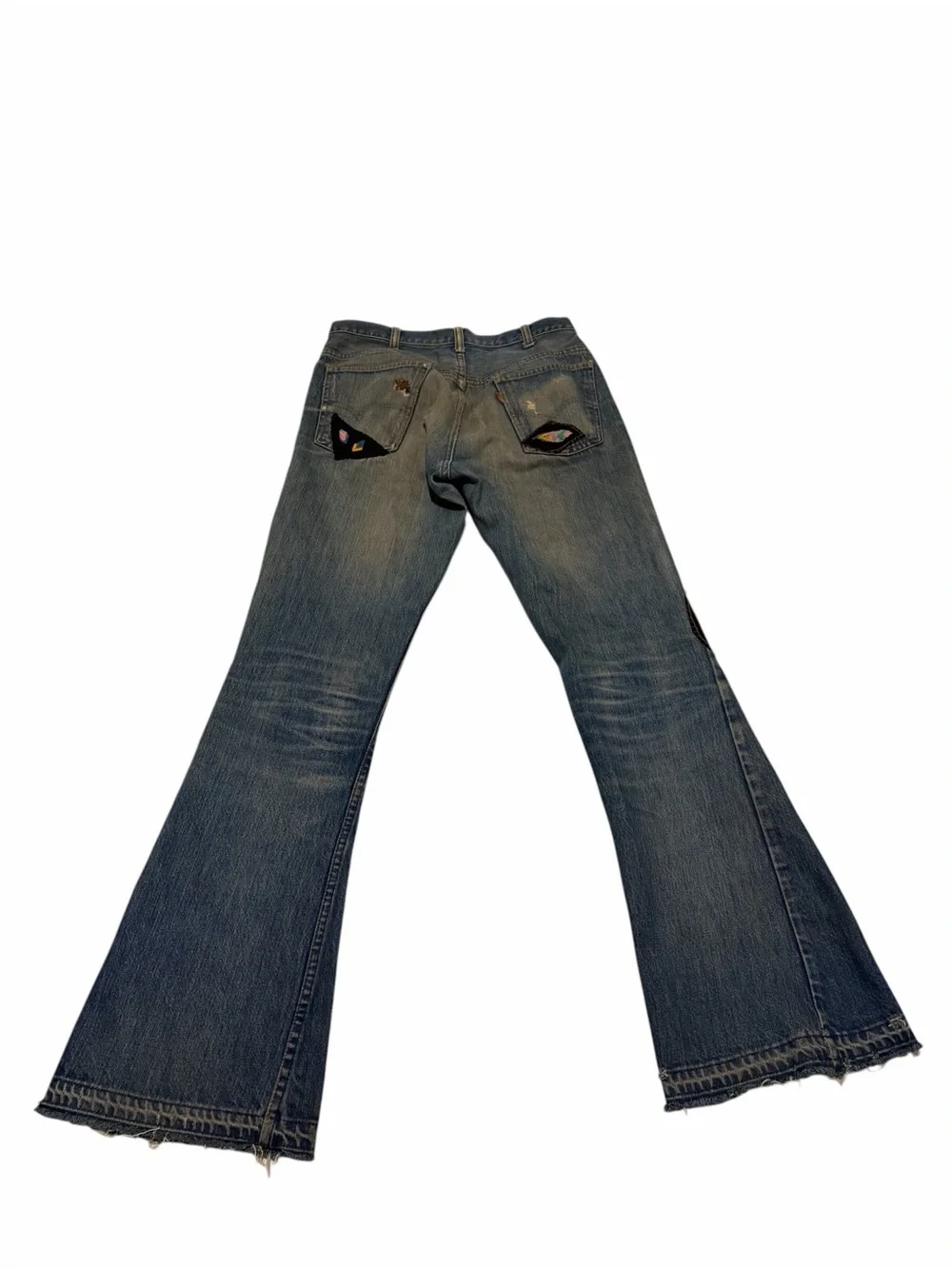 Levi's big E Blue Flare Jeans with Embroidered Knee Patches, pre-owned